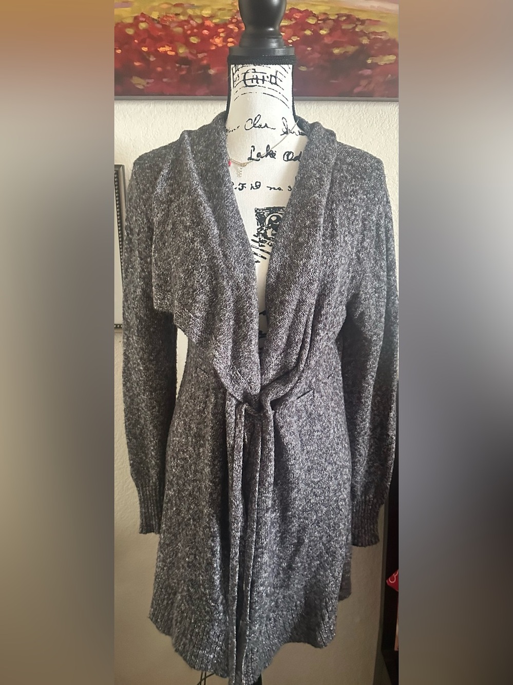Gray Open-Front Women's Knit Sweater Cardigan with Tie